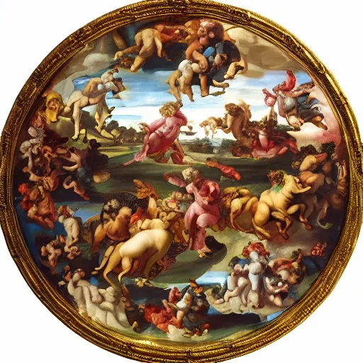 Image similar to A baroque painting of dogs running in fields of flowers, painted on the ceiling of a basilica by Michelangelo, gold and red color palette