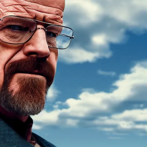 Prompt: photo of heisenberg looking at the sky, from behind, the clouds of the sky are replaced with blue meth