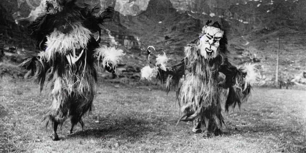 Image similar to krampus with big beak dancing in dolomites, hay fur, austrian folklore, 1920s photography, grainy, eerie, dark