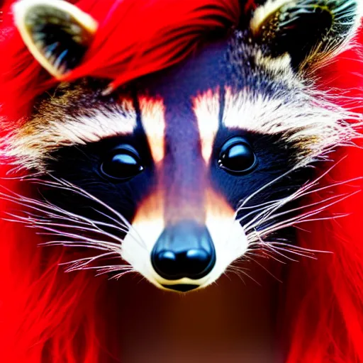 Image similar to raccoon wearing bright red wig, photo, detailed, 4 k