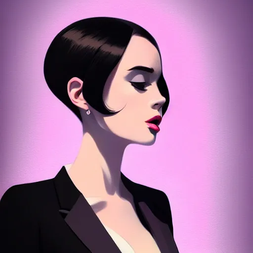 Image similar to young female in black tuxedo, corporate boss, luxury, muted colors, matte print, pastel colors, 2d, ultra highly detailed, smooth, sharp focus, digital art, digital painting, fan art, elegant, artstation, by Ilya Kuvshinov