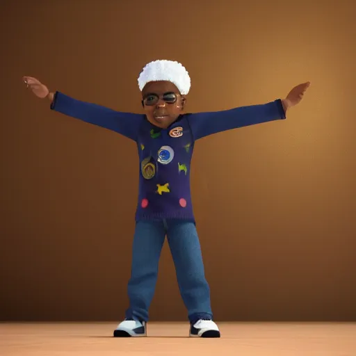 Prompt: A beautiful 3d render of a young happy strikingly cute playful black boy that is an aspiring astronaut, he is also wearing a painted cardboard box on his head and wearing a cape on his back and playing with a toy shuttle in his playroom, symmetrical facial features, perfect facial proportions, galaxy color scheme, beautiful, 8k, HD, octane, unreal engine, volumetric lightning,