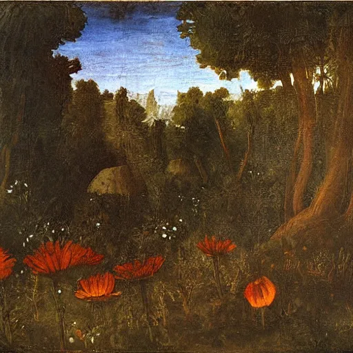 Prompt: hungry flowers in the forest, oil painting by leonardo davinci