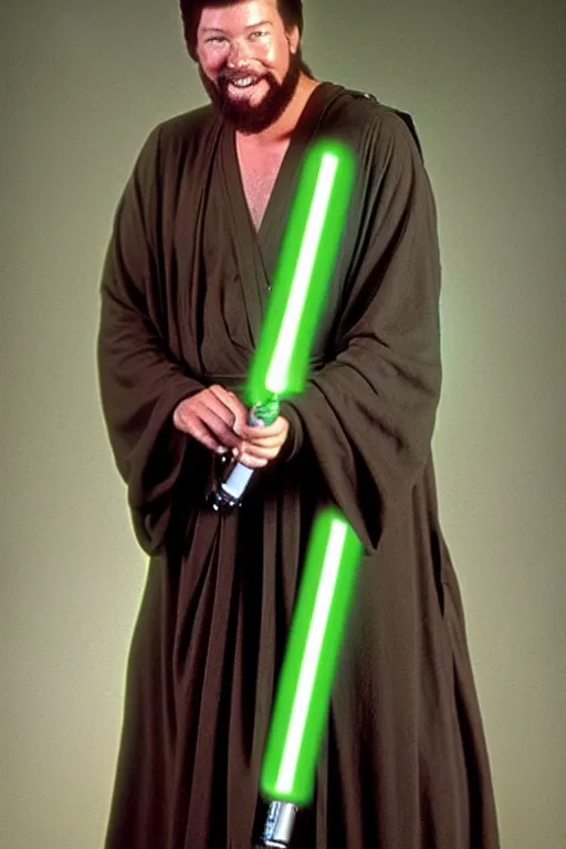 Image similar to photorealistic!! 1 9 9 0's jonathan frakes as a jedi knight, brown jedi robe, holding a green lightsaber, film quality