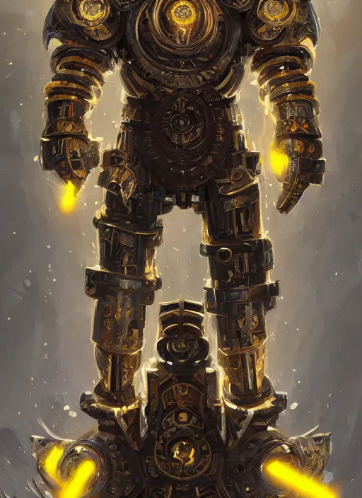 Image similar to full body, attack position abstract portrait of a intricate ornate holy mechanical warforged with circular glowing eye, character in yellow armor holding a paladin engraved great longsword drawn and carrying a big paladin shield, vertically flat head, face in focus, epic , trending on ArtStation, masterpiece, cinematic lighting, by Ross Tran and by Greg Rutkowski