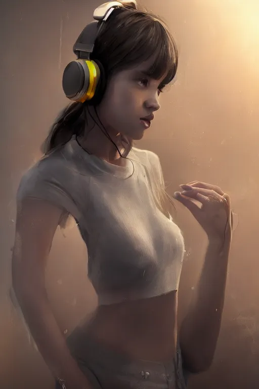 Image similar to A stunningly beautiful girl with headphones on, her clothes are made of dubstep, wub wub wub, dramatic lighting, cinematic, establishing shot, extremely high detail, foto realistic, cinematic lighting, post processed, concept art, high details, cinematic, 8k resolution, beautiful detailed, photorealistic, digital painting, artstation, concept art, smooth, sharp focus, artstation trending, octane render, unreal engine