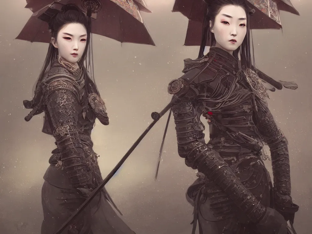 Image similar to portrait grey hair beautiful samurai girl, armor samurai wardrobe, in fired honnoji temple wet night, ssci - fi and fantasy, intricate and very very beautiful and elegant, highly detailed, digital painting, artstation, concept art, smooth and sharp focus, illustration, art by tian zi and wlop and alphonse mucha