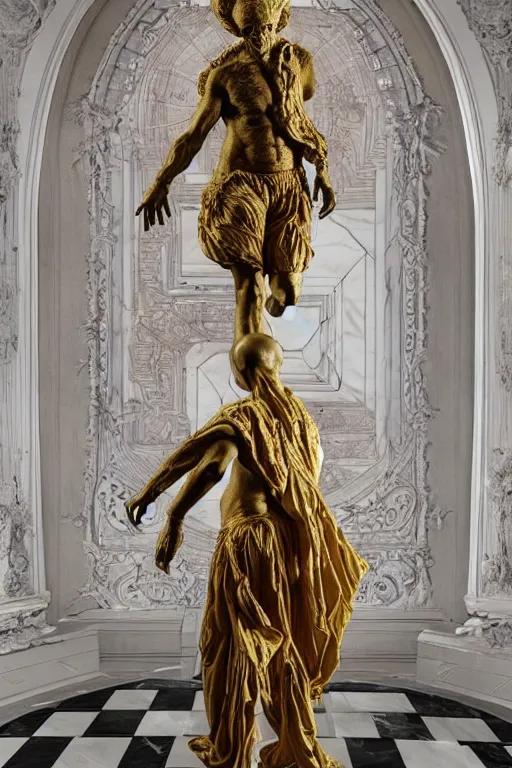 Image similar to Epic view of intricate stained Clown looking backwards using a golden veil statue sculpted on white marble by Antonio Corradini, Wayne Barlowe and Artem Demura