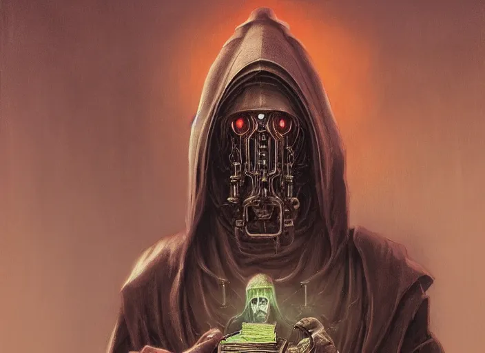 Image similar to a gloomy potrait of cloaked tech priest holding a book, Adeptus Mechanicus!!!, cybernetic enhancements, praise the omnissaiah, Zdzislaw Beksinski, Lewis Jones, mattias adolfsson, Warhammer 40K!!, cold hue's, warm tone gradient background, concept art