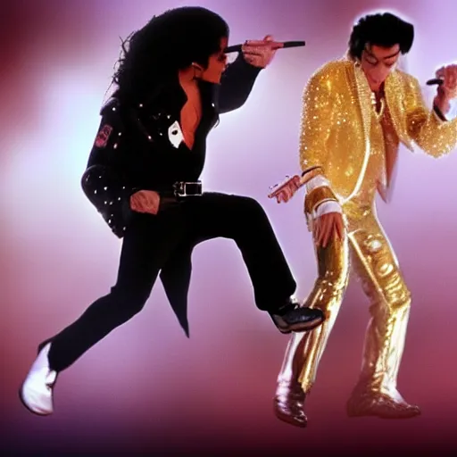 Prompt: Michael Jackson and Elvis epic stage performance, hyper realistic, 4k