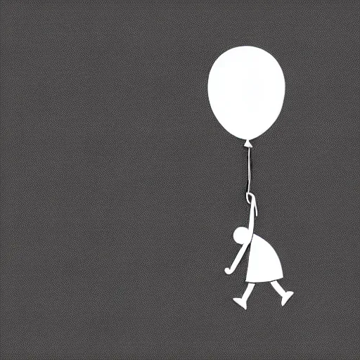 Image similar to book illustration of a balloon character holding a floating human by a string, book illustration, monochromatic, white background, black and white image