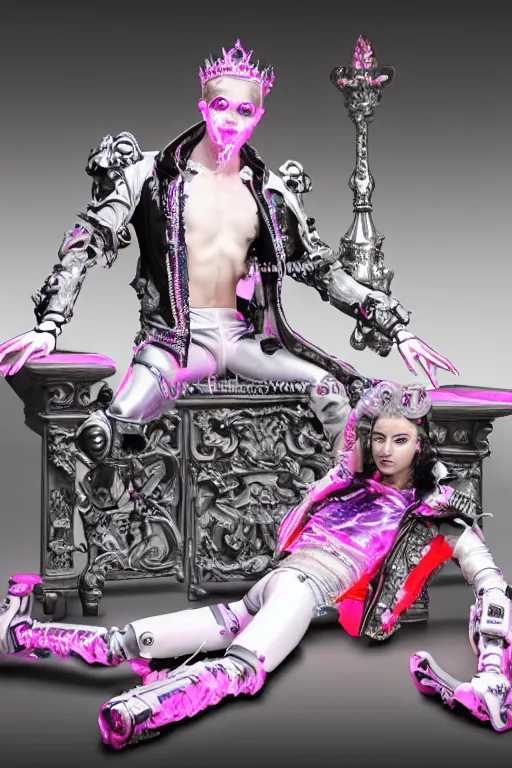 Image similar to full-body rococo and cyberpunk style neon statue of a muscular attractive Joe Jonas macho dotado e rico android sim roupa reclining con las piernas abertas e la piroca dura, glowing white laser eyes, prince crown of pink gears, diamonds, swirling silver-colored silk fabric. futuristic elements. full-length view. space robots. human skulls. intricate artwork by caravaggio. Trending on artstation, octane render, cinematic lighting from the right, hyper realism, octane render, 8k, depth of field, 3D