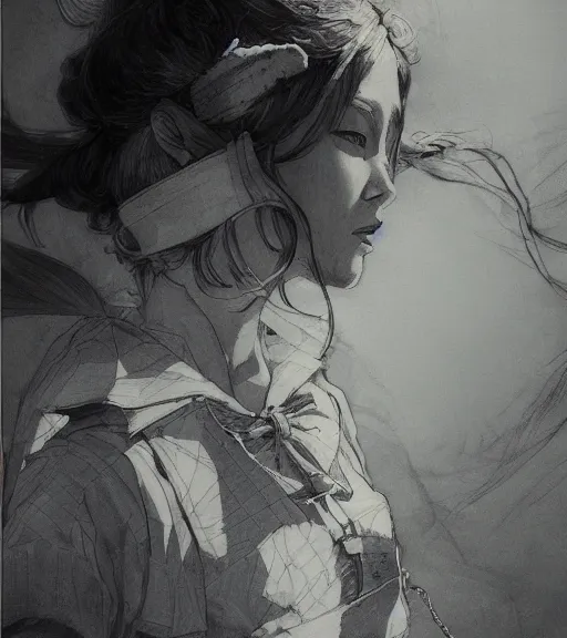 Prompt: dramatic portrait of anime woman wearing sailor suit, pen and ink, intricate line drawings, by craig mullins, ruan jia, kentaro miura, greg rutkowski, loundraw