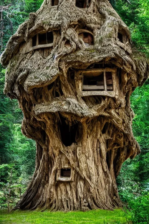 Prompt: a house carved in an ancient tree