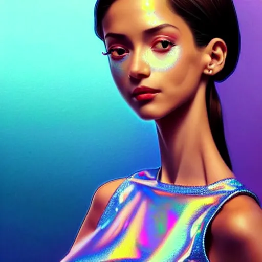 Image similar to a beautiful skinny latina wearing fashionable dress with head tilted back, focus close on eyes realistic skin texture, eighties holographic art by ilya kuvshinov lois van baarle ross tran range murata artgerm katsuhiro otomo norman rockwell, highly detailed intricately sharp focus, bedroom eyes trending on pinterest vogue italia unreal engine 5, 4 k uhd image