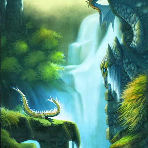 Image similar to furry art, female dragon sleeping by a waterfall, fursona commission, color page, tankoban, 4 k, tone mapping, jaime jones, alan lee