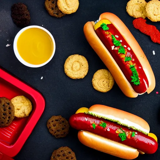Prompt: photo shoot portrait of a delicious hot dog with broccoli, mustard, ketchup, orio cookies, uhd, detailed, 8k,