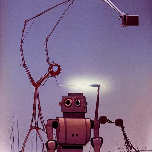 Image similar to three-legged robot from the story War of the Worlds by Herbert Wales, rises above the foggy city at night and shines searchlights on the ground in search of people, realism,