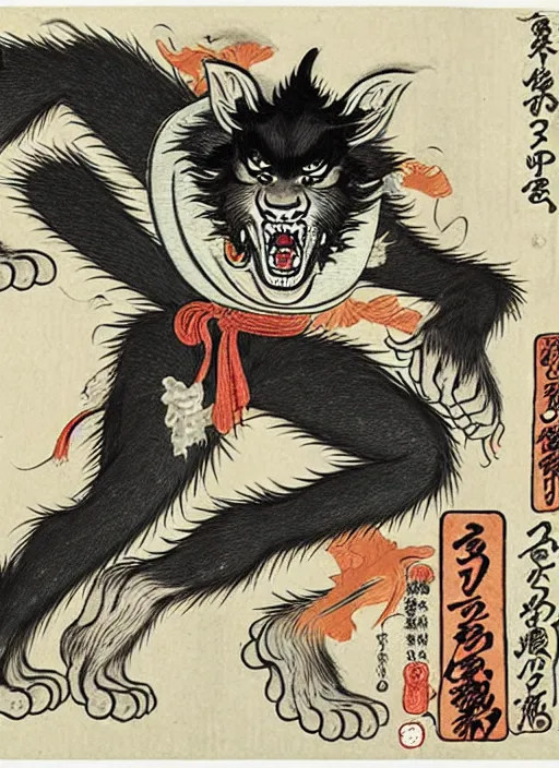 Image similar to a werewolf as a yokai illustrated by kawanabe kyosai and toriyama sekien