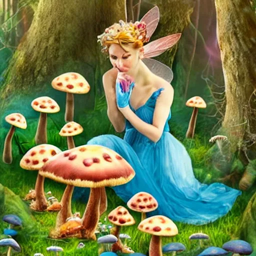 Prompt: A fairy eating mushrooms in a magical forest fantasy