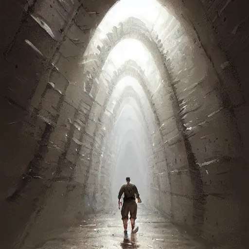 Prompt: A man in shorts walks down a ver long, high walled tunnel, his back is turned, highly detailed, digital painting, artstation, concept art, smooth, sharp focus, illustration, art by greg rutkowski