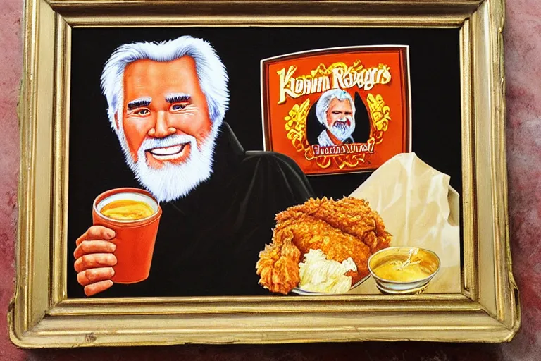 Image similar to black velvet painting of kenny rogers with fried chicken in frame