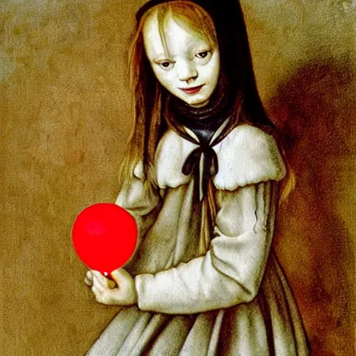 Prompt: fantasy painting of a little girl holding a red balloon by judson huss and henriette grindat and albrecht durer | horror themed | creepy