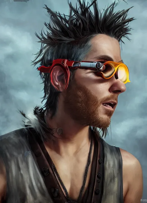 Image similar to An epic fantasy comic book style portrait painting of young man with red spiked long hair, using an steampunk googles. Wearing a black waistcoat, white shirt. Fire on his hands. Unreal 5, DAZ, hyperrealistic, octane render, cosplay, RPG portrait, dynamic lighting