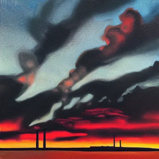 Image similar to “dramatic painting of industrial smokestacks piercing a layer of black clouds, with a background of red clouds lit by a sunset, in the style of the Hudson River school”