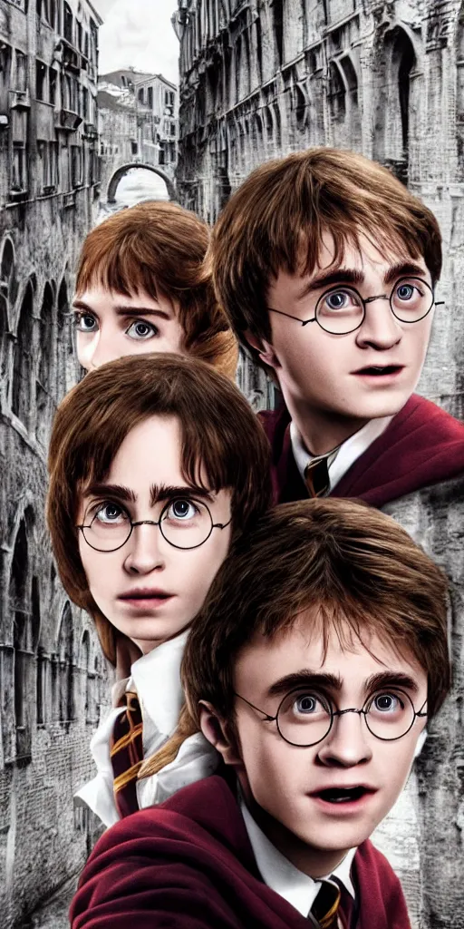 Image similar to Harry Potter Ron and Hermione in Venice, hyper realistic face, symmetrical face, beautiful eyes,