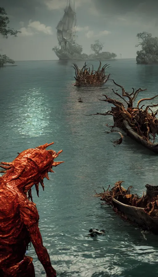 Image similar to man on boat crossing a body of water in hell with creatures in the water, sea of souls, with cryengine