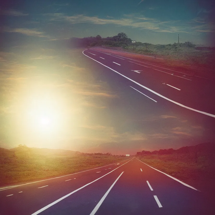Image similar to atmospheric multiexposure photography of a highway road that is a blood artery leading to the heart sun. carefree vibes.