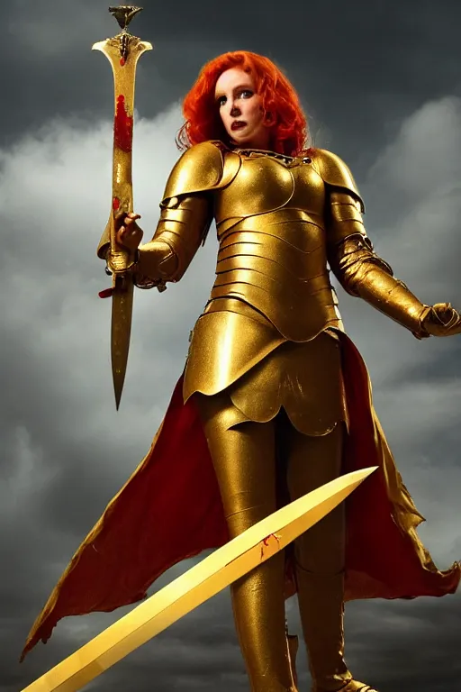 Image similar to a tall, red - haired female knight wearing golden armor and a right golden prosthetic arm, she wields a long golden blade