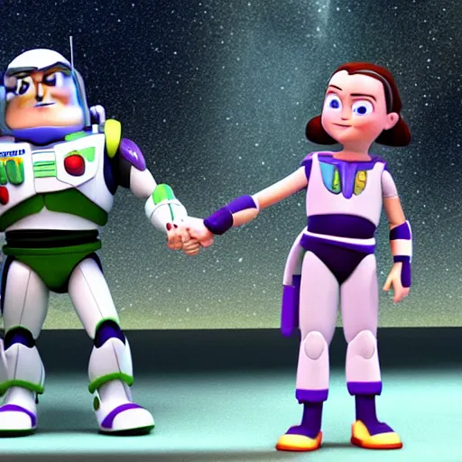 Prompt: rey skywalker and buzz lightyear holding hands