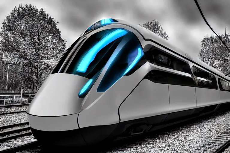 Prompt: futuristic train designed by Apple, XF IQ4, 150MP, 50mm, f/1.4, ISO 200, 1/160s, natural light, Adobe Photoshop, Adobe Lightroom, DxO Photolab, Corel PaintShop Pro, rule of thirds, symmetrical balance, depth layering, polarizing filter, Sense of Depth, AI enhanced