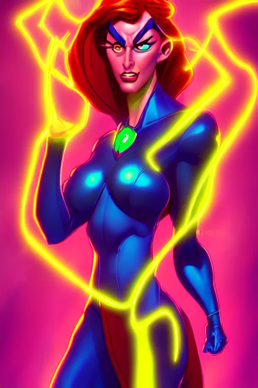 Image similar to a supervillainess with hypnotic powers, glowing energy effects, full color digital illustration in the style of don bluth, artgerm, artstation trending, 5 k