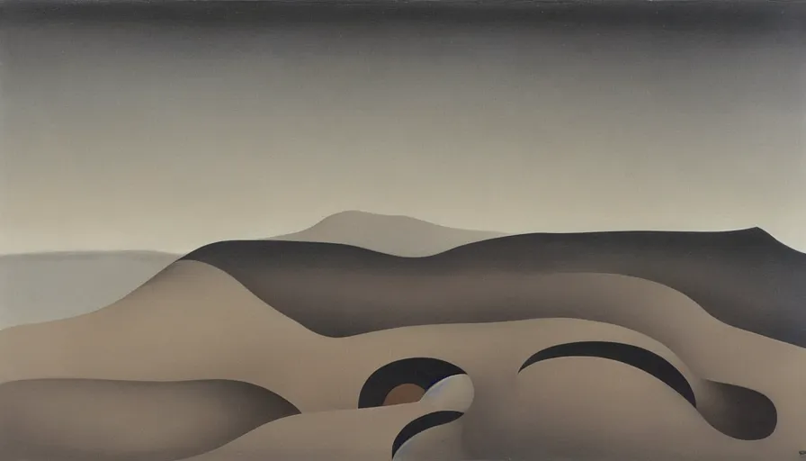 Prompt: Surrealist painting by Kay Sage depicting a landscape of flat, abstract geometric structures, overcast lighting