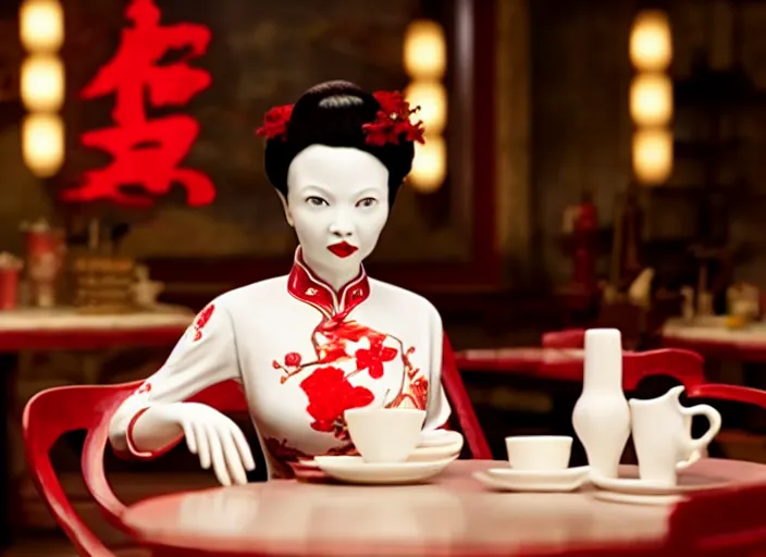 Prompt: movie still of a beautiful woman made out of porcelain sitting at a table in a cafe, wearing a red cheongsam, smooth white skin, creepy, directed by Guillermo Del Toro