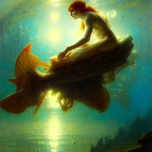 Image similar to i am at the bottom of the ocean looking up, see fishes swimming, the milk way up above, night time, midnight. highly detailed painting by gaston bussiere, greg rutkowski 8 k