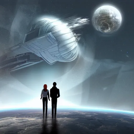 Prompt: couple looking at huge spaceship that leaving planet, based on artstation style Ed Laag