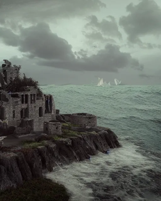 Image similar to the ruins of a castle on an island, taken back by nature. dark stormy sea. intricate artwork by tooth wu and wlop and beeple. octane render, hyper realism, 8 k