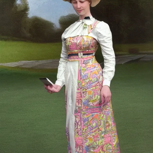 Image similar to a photo of a 2 1 st century jugendstil dress worn by a woman with ipad