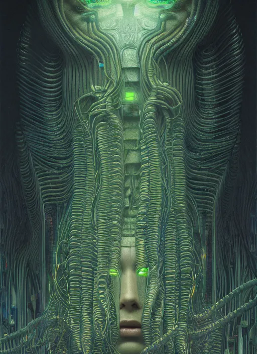 Image similar to A wall made out of eyes, flat, neon, RGB, glowing wires everywhere, pristine, by Edgar Maxence and Ross Tran, Zdzisław Beksiński, and Michael Whelan, gustav dore, H.R. Giger, 8k, octane render