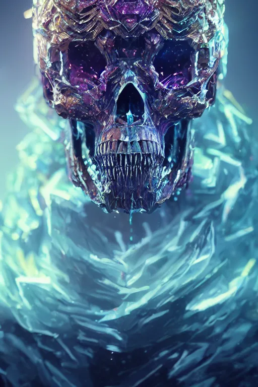 Prompt: A fancy portrait of a crystalized beast skull by Greg Rutkowski, beeple, Sung Choi, Mitchell Mohrhauser, Maciej Kuciara, Johnson Ting, Maxim Verehin, Peter Konig, final fantasy, macro lens , 8k photorealistic, cinematic lighting, HD, high details, dramatic, dark atmosphere, trending on artstation