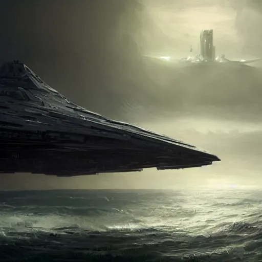 Image similar to star wars concept art by greg rutkowski, a palatial and imposing spaceship imperial star destroyer emerging from the sea in the middle of a ocean landscape, enigmatic atmosphere, beautiful and cinematic lighting, artstation hq.