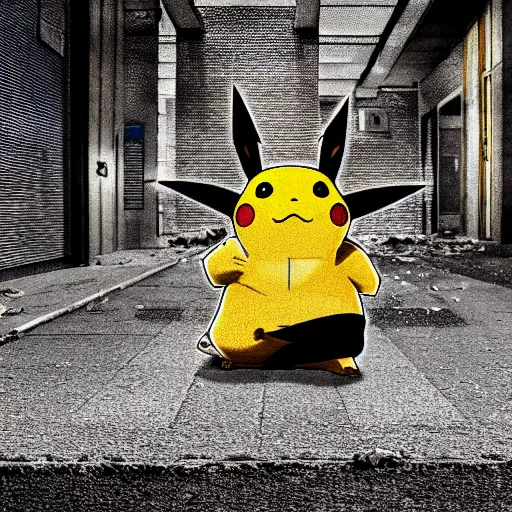 Prompt: photography of Pikachu as a dark Lord of the Sith set in A post apocalyptic world. realistic detailed cinema camera detail cracked pavement wide angle.