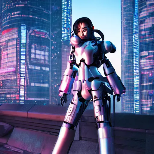 Prompt: A channel like beautiful cg portrait of a cyberpunk warrior girl wearing mecha cyber suit, symmetrical photorealism face and wardrobe by WLOP, on rooftop Tokyo night, dramatic light, rim light, unreal engine render.