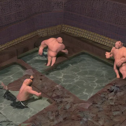Image similar to photo, two ugly old men fight rat monsters 5 3 8 2 8 inside a swimming pool, highly detailed, scary, volumetric lighting