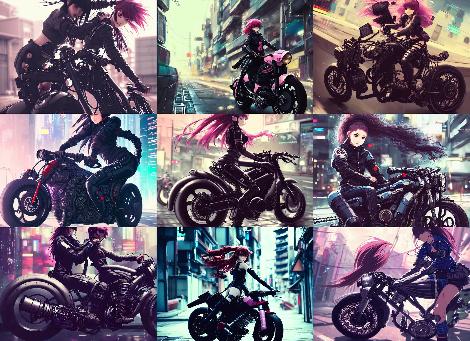 Prompt: very cool girl riding cyberpunk motorcycle, wearing cyberpunk intricate streetwear, beautiful, intricate complexity, wide angle shot, by krenz cushart, kyoto animation, wlop. 4 k, beautiful, cinematic dramatic atmosphere