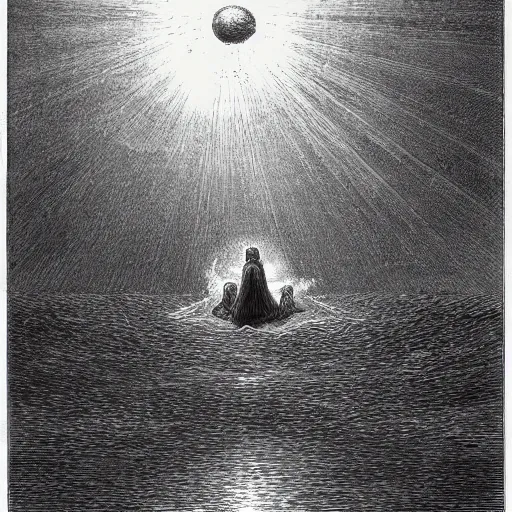 Image similar to in the beginning god created the heavens and the earth. 2 now the earth was formless and empty, darkness was over the surface of the deep, and the spirit of god was hovering over the waters. illustration by gustave dore